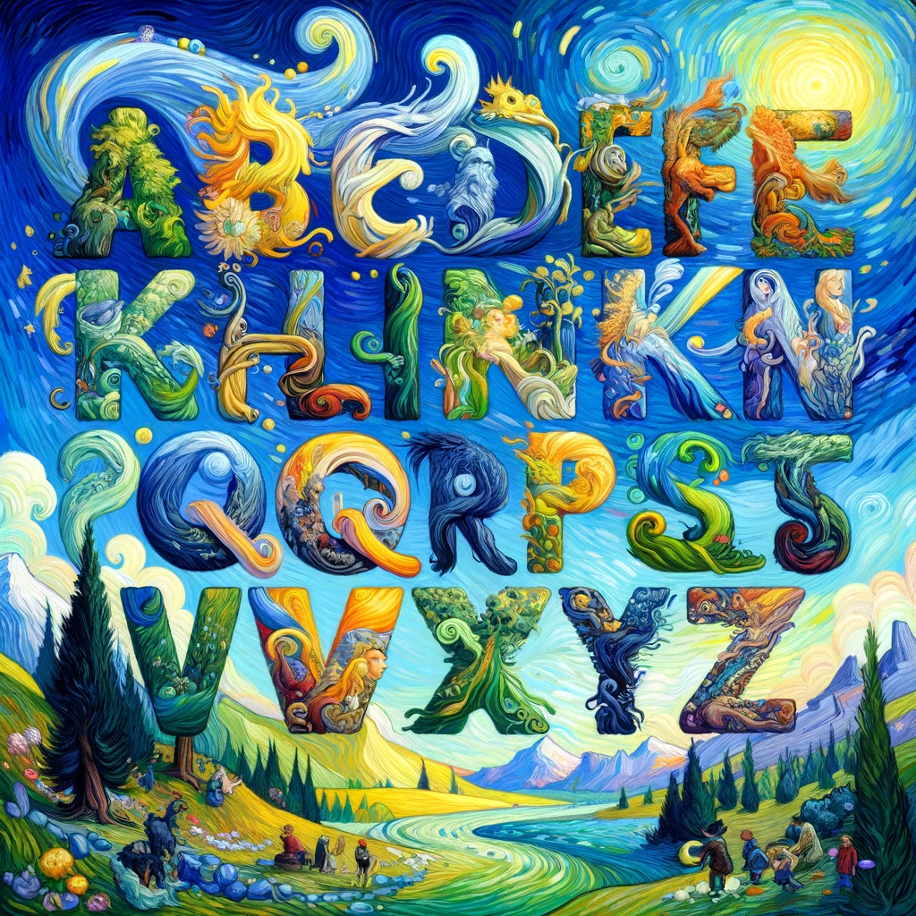 DALL·E 2024-01-12 03.19.38 - A Van Gogh-style painting representing the alphabet. The artwork features each letter of the alphabet, from A to Z, creatively incorporated into a con